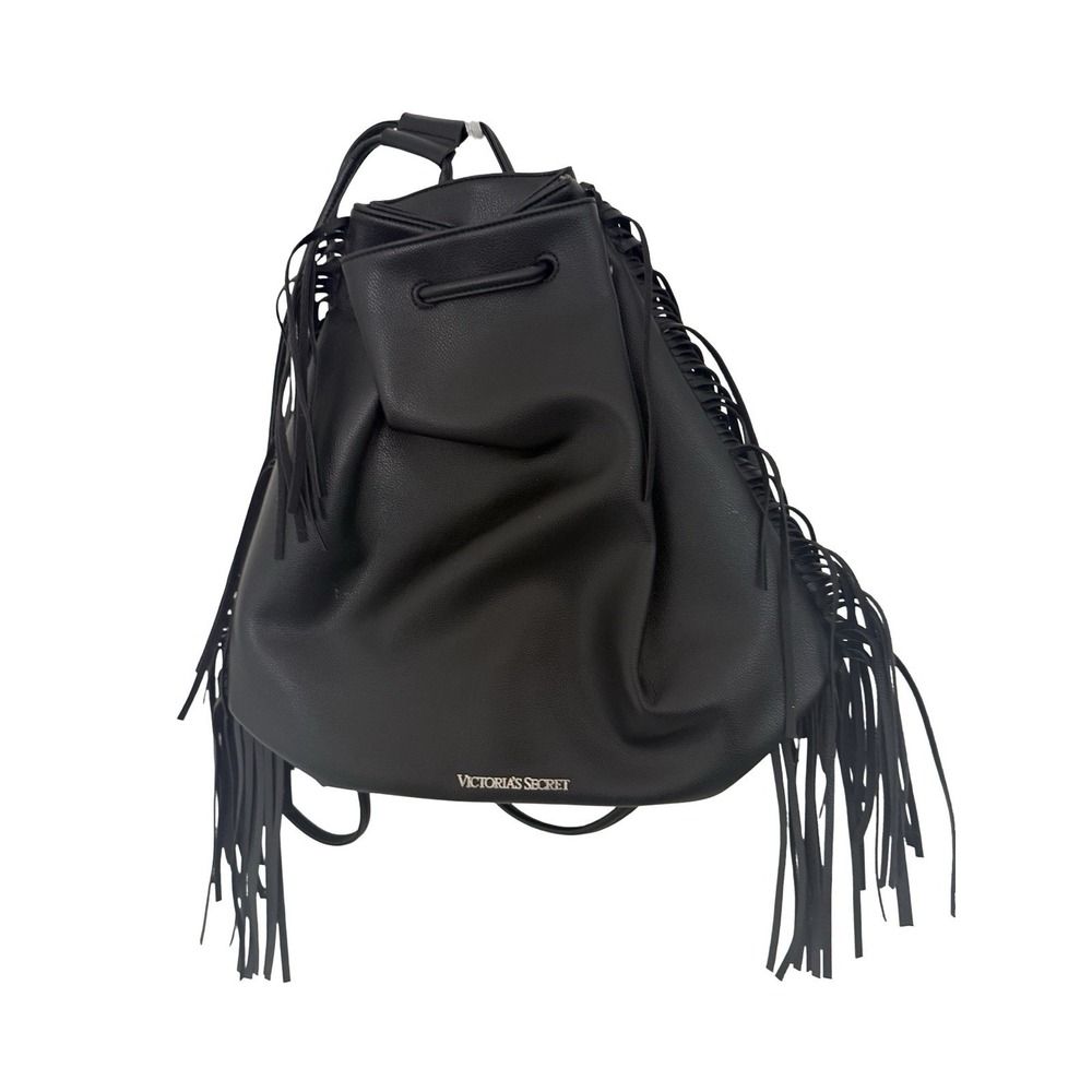 Victoria's Secret Backpack Black Fringe Drawstring NWT Vegan Leather Large